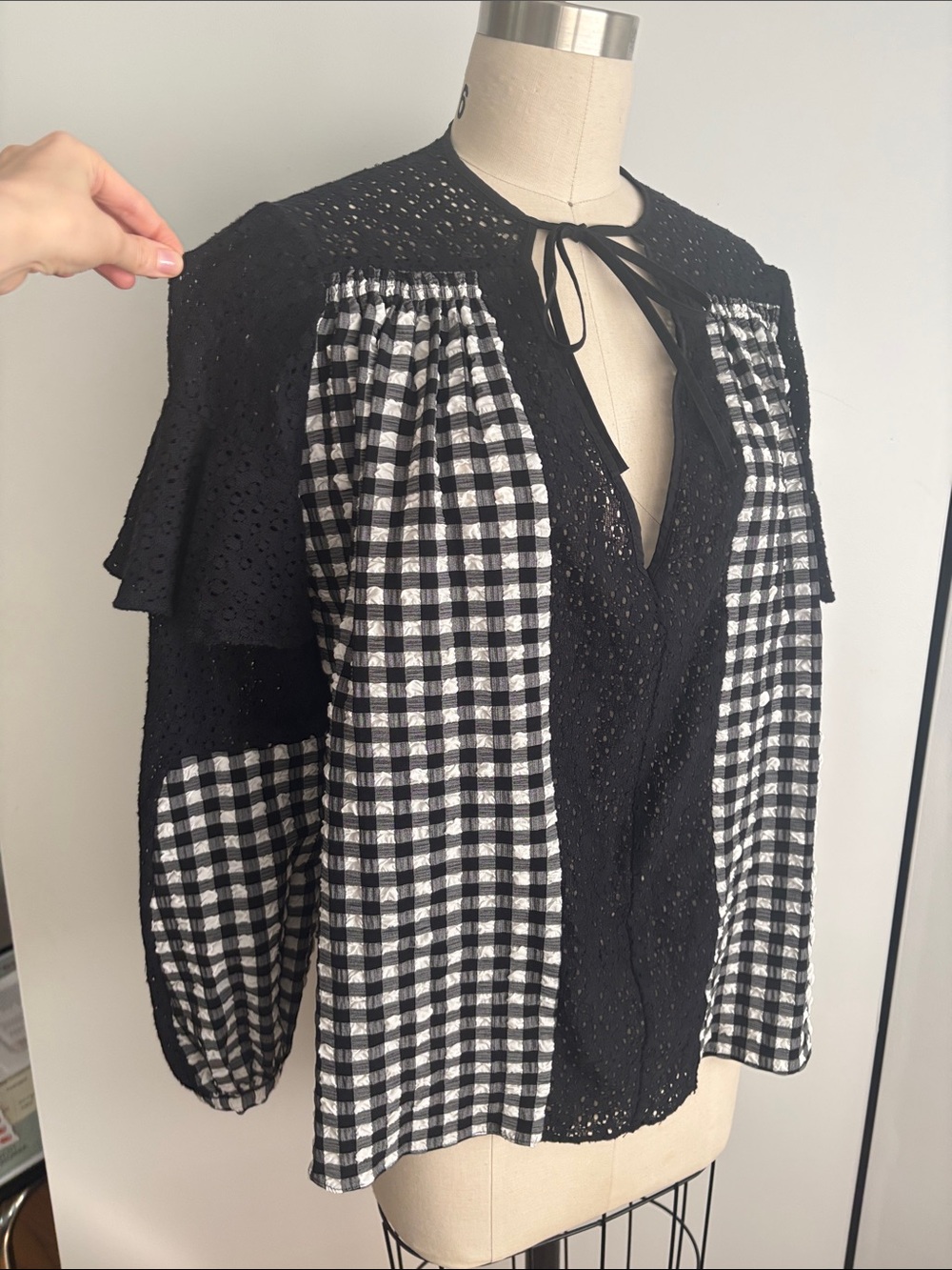 Rachel Comey Black & White Gingham Eyelet Mixed-Media Blouse